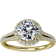 Bague de fiançailles cercle fendu avec halo de diamants en or jaune 18 carats